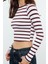 Kadın Moda Şık Crop Bisiklet Yaka Slim Kalıp Örme Çizgili Viskoz Yumuşak Kumaşlı Fitted Esnek Bluz 3