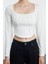 Kadın Moda Şık Crop Kare Yaka Slim Kalıp Örme Biye Detaylı Fitted Vücuda Oturan Interlok Bluz 1