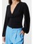 Kadın Moda Şık Regular Kruvaze Yaka Balon Kol Slim Kalıp Örme Büzgü Drape Detaylı Kollu Esnek Bluz 3
