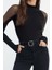 Kadın Regular Dik Yaka Reglan Kol Slim Kalıp Örme Tül Garni Fitted Vücuda Oturan Fitilli Esnek Bluz 2