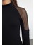 Kadın Regular Dik Yaka Reglan Kol Slim Kalıp Örme Tül Garni Fitted Vücuda Oturan Fitilli Esnek Bluz 3