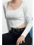 Kadın Moda Şık Crop Kare Yaka Slim Kalıp Örme Biye Detaylı Fitted Vücuda Oturan Interlok Bluz 3
