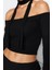 Kadın Moda Şık Crop Carmen Yaka Slim Kalıp Örme Fitilli Şal Detaylı Fitted Vücuda Oturan Esnek Bluz 4