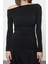 Kadın Regular Asimetrik Yaka Slim Kalıp Örme Büzgü Drape Fitted Vücuda Oturan Kollu Esnek Bluz 1