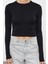 Kadın Moda Şık Crop Bisiklet Yaka Slim Kalıp Örme Siyah Viskoz Yumuşak Kumaşlı Fitted Esnek Bluz 1