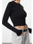 Kadın Moda Şık Crop Bisiklet Yaka Slim Kalıp Örme Siyah Viskoz Yumuşak Kumaşlı Fitted Esnek Bluz 2