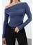 Kadın Regular Asimetrik Yaka Slim Kalıp Örme Büzgü Drape Fitted Vücuda Oturan Kollu Esnek Bluz 2