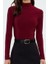 Kadın Moda Şık Regular Dik Yaka Slim Kalıp Örme Fitted Vücuda Oturan Kollu Fitilli Esnek Bluz 1