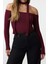 Kadın Moda Şık Crop Carmen Yaka Slim Kalıp Örme Fitilli Şal Detaylı Fitted Vücuda Oturan Esnek Bluz 2
