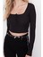 Stil Kadın Düğme Detaylı Fitted Vücuda Oturan Fitilli Esnek Bluz Crop Örme Slim Kalıp 2