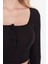 Stil Kadın Düğme Detaylı Fitted Vücuda Oturan Fitilli Esnek Bluz Crop Örme Slim Kalıp 4