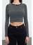 Kadın Moda Şık Crop Bisiklet Yaka Slim Kalıp Örme Triko Görünümlü Fitted Vücuda Oturan Esnek Bluz 1