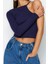 Kadın Moda Şık Crop Bisiklet Yaka Tek Kol Slim Kalıp Örme Fitilli Fitted Vücuda Oturan Esnek Bluz 4