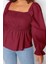 Kadın Moda Şık Büyük Beden Crop Kare Yaka Büzgülü/fırfırlı Kol Fitted Kalıp Dokuma Gipeli Bluz 4
