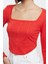 Kadın Moda Şık Crop Kare Yaka Slim Kalıp Örme Biye Detaylı Fitted Vücuda Oturan Interlok Bluz 2