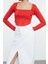 Kadın Moda Şık Crop Kare Yaka Slim Kalıp Örme Biye Detaylı Fitted Vücuda Oturan Interlok Bluz 3