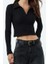 Kadın Moda Şık Üst Giyim Crop Polo Yaka Slim Kalıp Örme Dokulu Kumaş Fitted Vücuda Oturan Bluz 3