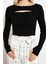 Kadın Crop Kayık Yaka Slim Kalıp Örme Fitilli Fitted Vücuda Oturan Pencere Cut Out Esnek Bluz 1