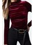 Kadın Moda Şık Regular Dik Yaka Slim Kalıp Örme Kadife Drapeli Fitted Vücuda Oturan Boy Bluz 2