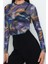 Kadın Moda Şık Crop Bisiklet Yaka Slim Kalıp Örme Baskılı Tül Fitted Vücuda Oturan Esnek Bluz 3