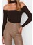 Stil Kadın Carmen Yaka Choker Detaylı Fitted Vücuda Oturan Fitilli Bluz Crop Örme Slim Kalıp 1