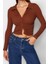 Kadın Moda Şık Crop Polo Yaka Slim Kalıp Örme Fitted Vücuda Oturan Fitilli Pamuklu Esnek Bluz 2