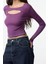 Kadın Crop Kayık Yaka Slim Kalıp Örme Fitilli Fitted Vücuda Oturan Pencere Cut Out Esnek Bluz 2