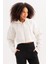 Crop Kapüşonlu Fermuarlı Kanguru Cepli Şardonlu Hoodie Ekru Kadın Sweatshirt - Lumen 1