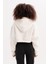 Crop Kapüşonlu Fermuarlı Kanguru Cepli Şardonlu Hoodie Ekru Kadın Sweatshirt - Lumen 4