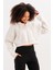 Crop Kapüşonlu Fermuarlı Kanguru Cepli Şardonlu Hoodie Ekru Kadın Sweatshirt - Lumen 5