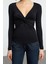 Kadın Moda Şık Crop V Yaka Slim Kalıp Örme Büzgü Drape Detaylı Fitted Vücuda Oturan Kollu Esnek Bluz 1