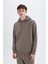 X8283 Kahverengi Cepli Regular Fit Kapüşonlu Içi Yumuşak Tüylü Basic Düz Sweatshirt 3