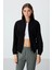 Siyah Kalın Yumuşak Dokulu Dik Yaka Oversize Nakışlı Polar Kadın Sweatshirt - 97293 1