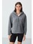 Gri Melanj Kalın Yumuşak Dokulu Kapüşonlu Oversize Nakışlı Polar Kadın Sweatshirt -97286 1