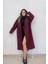 Neşeli Butik Kadın Bordo Çizgili Oversize Kaşe Kaban NBSHNZ08 2