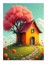 Pembe Ağaç Ve Ev Art Mdf Poster 18cm X 27cm 1