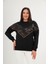 Büyük Beden V Leopar Garnili Payet Detaylı Siyah Pamuklu Sweatshirt 1