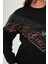 Büyük Beden V Leopar Garnili Payet Detaylı Siyah Pamuklu Sweatshirt 4