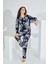 Pamuklu Uzun Kol Kadın Pijama Takımı Çiçekli Lacivert 1