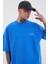 Unisex Luxury Basic Yıkamalı Oversize Mavi Spotted Tişört 2