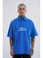 Erkek Contrast Piping Baskılı Oversize Mavi Polo Yaka Tişört 1