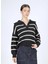 Polo Yaka Normal Çizgili Ekru - Lacivert Kazak Kadın 251 Lcf 241018 Cop Lacivert-Ekru 3