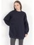 Kadın Lacivert Üç İplik Pamuklu Ribanalı Bisiklet Yaka Oversize Sweatshirt - 2523 5