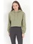 Kadın Yeşil Kapüşonlu Ribana Detaylı Üç İp Oversize Crop Sweatshirt Hoodie - 2543 1