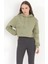 Kadın Yeşil Kapüşonlu Ribana Detaylı Üç İp Oversize Crop Sweatshirt Hoodie - 2543 2