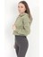 Kadın Yeşil Kapüşonlu Ribana Detaylı Üç İp Oversize Crop Sweatshirt Hoodie - 2543 3