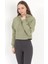 Kadın Yeşil Kapüşonlu Ribana Detaylı Üç İp Oversize Crop Sweatshirt Hoodie - 2543 4