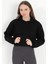 Kadın Siyah Kapüşonlu Ribana Detaylı Üç İp Oversize Crop Sweatshirt Hoodie - 2543 1