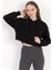 Kadın Siyah Kapüşonlu Ribana Detaylı Üç İp Oversize Crop Sweatshirt Hoodie - 2543 2