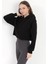 Kadın Siyah Kapüşonlu Ribana Detaylı Üç İp Oversize Crop Sweatshirt Hoodie - 2543 3